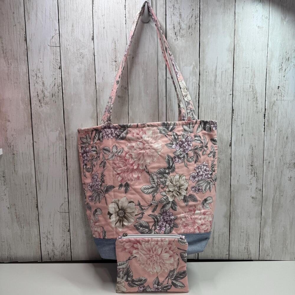 Quilted Pink Floral Tote Bag Denim Accent : Matching Zipper Pouch Included